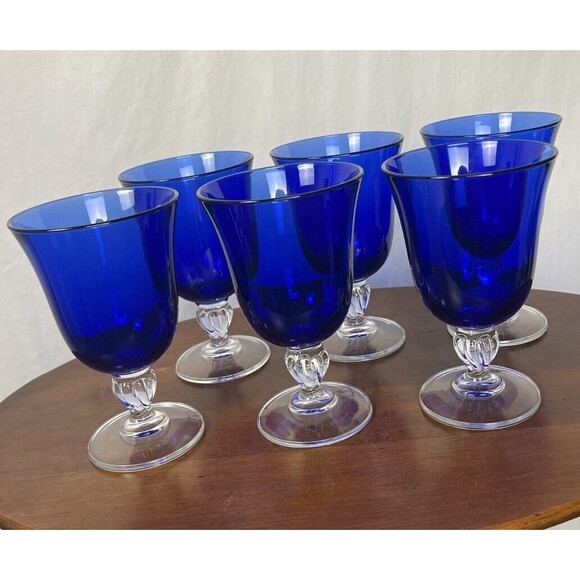 Cobalt Blue Glasses Set 6 Wine Water Goblets Flared Clear Stem Heavy Regency 6x4 - Picture 5 of 5